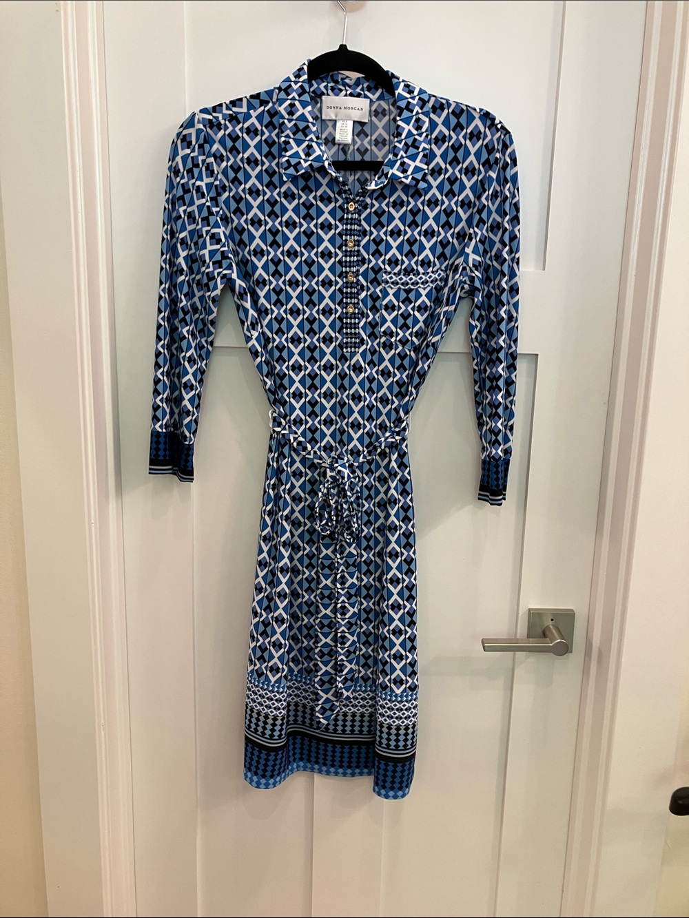 Donna Morgan Blue Geometric Tie-Waist Shirt Dress